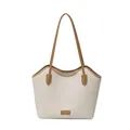 Minimalist beige tote bag with brown leather trim and litchi texture finish - Single Bag / Off-white