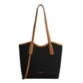 Bolso tote grande de sarga negra con ribete de cuero marrón y logo dorado - Negro