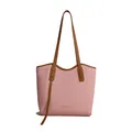 Bolso tote rosa con textura tejida, asas de cuero marrón y letras de moda doradas - Rosa