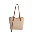 Elegante bolso tote tejido beige con ribete de cuero marrón y detalle de logo - Caqui