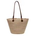 Grande borsa tote in paglia a righe marroni con frange per spiaggia e ufficio - Cachi