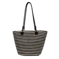 Grande borsa tote intrecciata a righe con cinturini in pelle nera per spiaggia e uso - Nero