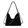 Borsa tote in tela nera con tracolla in pelle marrone e fibbie dorate stile retro - Nero