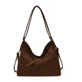 Borsa tote in pelle scamosciata marrone scuro con fibbie vintage e grande capienza interna - Marrone
