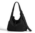 Minimalist black large capacity nylon tote bag with drawstring closure and wide strap - Black