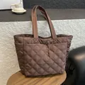 Brown quilted tote bag with large capacity and rhombic pattern in nylon fabric - Brown