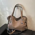 Large vintage beige tote bag in soft leather with silver rivet details and strap - Camel