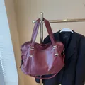 Retro burgundy oversized faux leather tote bag with silver studs and dual straps - Red