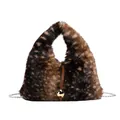 Leopard print faux fur tote bag with golden metal ball decor and silver chain strap - Coffee
