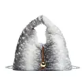 Furry large capacity shoulder bag in grey and white faux fur with gold ball decor - Gray