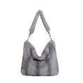 Elegante borsa tote in ecopelliccia grigia con tracolla felpata e ganci dorati - Grigio