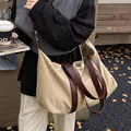 Bolso tote grande de lona caqui con asas de cuero marrón oscuro para compras y diario - Caqui