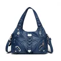 Navy blue faux leather handbag with vintage pleats and multiple zip pockets for women - Blue