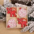 Christmas wooden reindeer and Merry Christmas pendants set in a 4-grid gift box - Deer and Round Pattern Style (Q-G04) / Set of 12