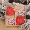 Wooden Christmas tree and rocking horse ornaments set in a natural wood storage box - Xmas Tree and Horse Pattern Style (Q-G05)