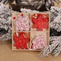 Christmas wooden hanging ornaments set featuring red stars and white bells in wood box - Five-pointed Star and Bell Pattern Style (Q-G06)