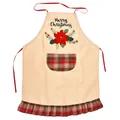 Christmas apron with Merry Christmas text, poinsettia flowers and plaid pocket - Poinsettia Style (F-W216)