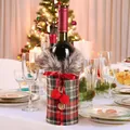 Christmas wine bottle cover featuring red and green plaid fabric with brown faux fur collar - Big Pom Pom Red Plaid Style (G-JT101)
