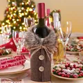 Brown herringbone wine bottle cover with faux fur collar and decorative wood buttons - Coarse Hemp Rope Gray Style (G-JT102)