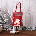 Christmas burlap gift bag with red plaid trim and 3D Santa Claus doll decoration - Santa Claus