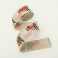 5cm faux linen Christmas ribbon featuring red truck and green tree pattern - Vintage Truck and Christmas Tree / Natural Hemp