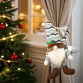 Christmas gnome curtain tieback with gray knit hat and holly decor on beige fabric - Gray Stripe Long Hat Curtain Tieback (J-JY23) / Grey Stripe