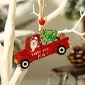 Houten kersthanger rode vrachtwagen met Kerstman en Happy New Year boodschap - Rode auto kerstman kerstboom