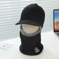 Winter knit hooded hat for kids with brim, fleece lining and grey duck pattern - Children's Size (Elastic) / Black