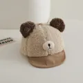 Cappellino neonato in pile peluche beige con orecchie da orso e visiera in velluto - 48-50cm / Cachi