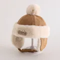 Winter kids warm earflap hat in brown faux suede with white plush lining and fur pompom - Toddlers 1-3 Years / Light Coffee