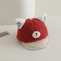 Red plush teddy fleece baby baseball cap with cute cat ears and beige corduroy brim - 48-50cm / Burgundy