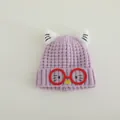 Detail of light purple kids knit beanie with cat ears and cartoon glasses embroidery - Cat Style (TYJM04) / Pink Purple