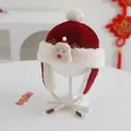 Detail of red velvet baby winter hat with fur trim, deer doll and pom pom on a stand - Baby 2-5 Years Old / Burgundy Reindeer Style