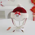 Detail of red winter baby hat featuring plush white faux fur and cute snowman patch - Baby 2-5 Years Old / Cute Snowman Style