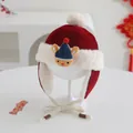 Detail of red festive baby winter hat with plush white fur lining and cute cartoon patch - Baby 2-5 Years Old / Bear with Blue Hat Style