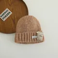 Detail of soft brown knit beanie with cute coffee cup patch and Honey bear label - 3-10 Years (Stretchy) / Light Coffee