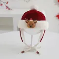 Detailed view of red velvet baby Christmas hat with plush fur balls and reindeer embroidery - Baby 2-5 Years Old / Sequin Reindeer