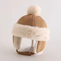 Winter baby aviator hat in khaki with pom-pom and warm earflaps for infants - Toddlers 1-3 Years / Single Pom Pom / Light Coffee