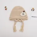 Beige winter knit baby hat with cartoon cloud embroidery and earflaps for warmth - Baby One Size Elastic / Cloud Khaki