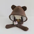 Brown corduroy hooded scarf for children with warm plush lining and cute bear ears - Children 3-10 Years Old / Lucky Lion Dark Coffee