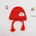 Red knit baby winter hat with long tassels and a cute plush bear patch for warmth - Baby One Size Elastic / Cloud Red
