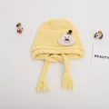 Yellow knit baby winter hat with bear patch and braided tassels for warmth - Baby One Size Elastic / Cloud Yellow