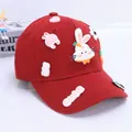 Detailed close-up of red cotton baseball cap with 3D cute bunny and carrot decorations - One Size (48-56CM) / Burgundy
