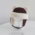 Toddler winter earflap hat with leopard print and plush pompoms in dark red finish - Baby 2-5 Years Old / Double Pom-pom Jujube Red