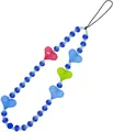 Close-up of colorful striped beads and heart charms on a stylish phone lanyard strap - Blue