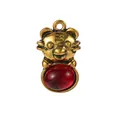 Detail of a tiger pendant with antique gold finish and oval red stone inlay - Zodiac Tiger / 10 Pieces Pack / Red