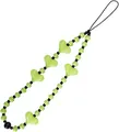 Detail of neon green heart beads and striped spheres on a fashion mobile phone strap - Green