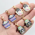 Detail of six colorful enamel cat in teacup pendants with golden lobster clasps - Cat in Cup Pendant / 10 Pieces Pack / Multicolor