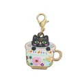 Macro detail of alloy kitten teacup pendant with floral patterns and lobster clasp - Cat in Cup Pendant / 10 Pieces Pack / Black