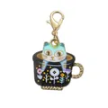 Close-up of alloy enamel cat in a black floral mug charm with gold lobster clasp - Cat in Cup Pendant / 10 Pieces Pack / Blue